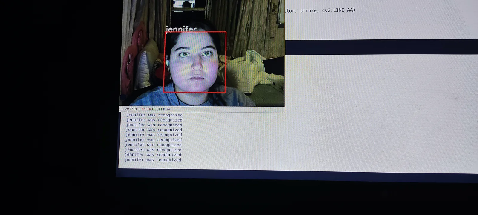 MEDIBOT's facial recognition running: a detected face on screen and the log printing that jennifer was recognized